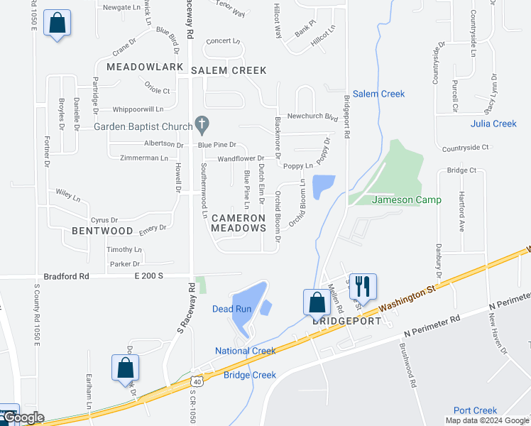 map of restaurants, bars, coffee shops, grocery stores, and more near 1955 Dutch Elm Drive in Indianapolis