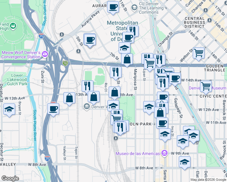 map of restaurants, bars, coffee shops, grocery stores, and more near 1520 14th Avenue in Denver