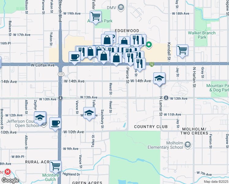 map of restaurants, bars, coffee shops, grocery stores, and more near 6900 West 14th Avenue in Lakewood