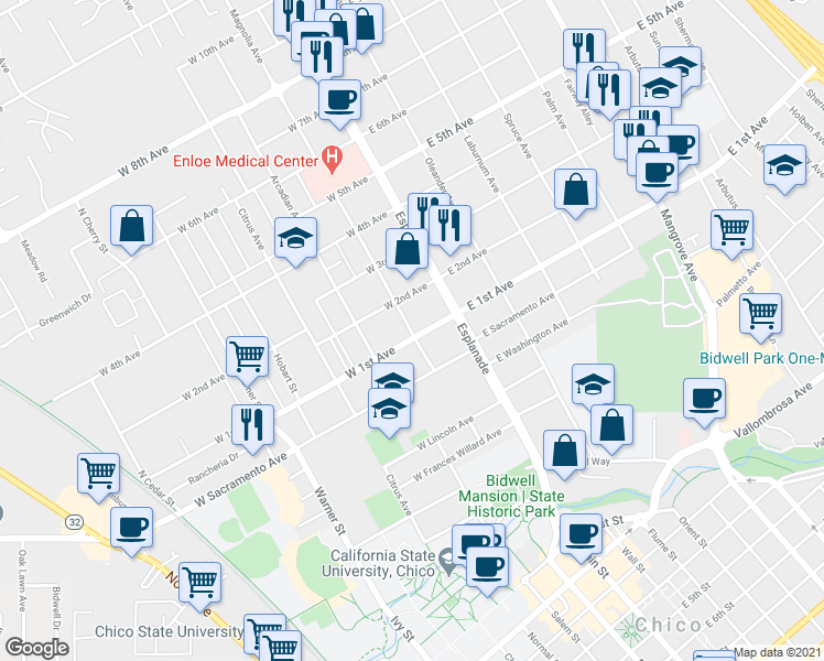 map of restaurants, bars, coffee shops, grocery stores, and more near 1109 Magnolia Avenue in Chico