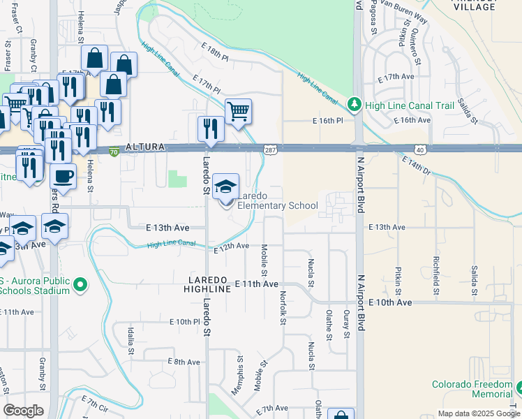map of restaurants, bars, coffee shops, grocery stores, and more near 16415 East 14th Place in Aurora