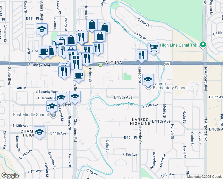 map of restaurants, bars, coffee shops, grocery stores, and more near 15737 East 13th Place in Aurora