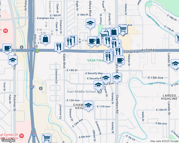 map of restaurants, bars, coffee shops, grocery stores, and more near 14753 East Security Way in Aurora