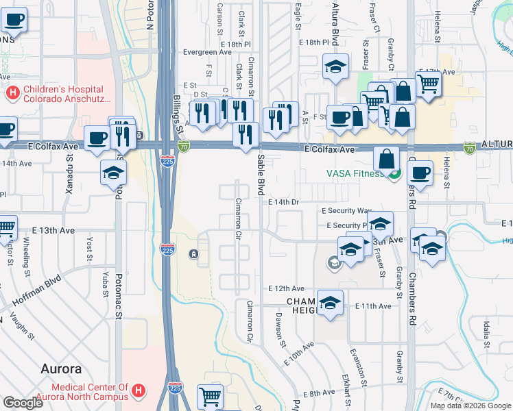 map of restaurants, bars, coffee shops, grocery stores, and more near 14470 East 13th Avenue in Aurora