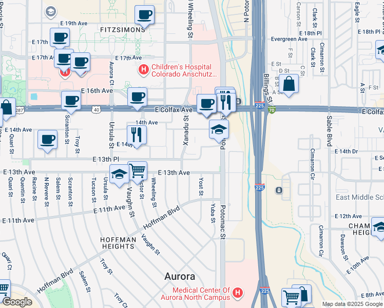 map of restaurants, bars, coffee shops, grocery stores, and more near 1395 Yost Street in Aurora
