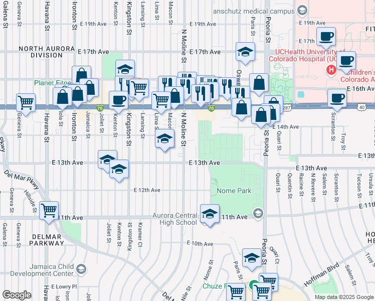 map of restaurants, bars, coffee shops, grocery stores, and more near 1383 Moline Street in Aurora