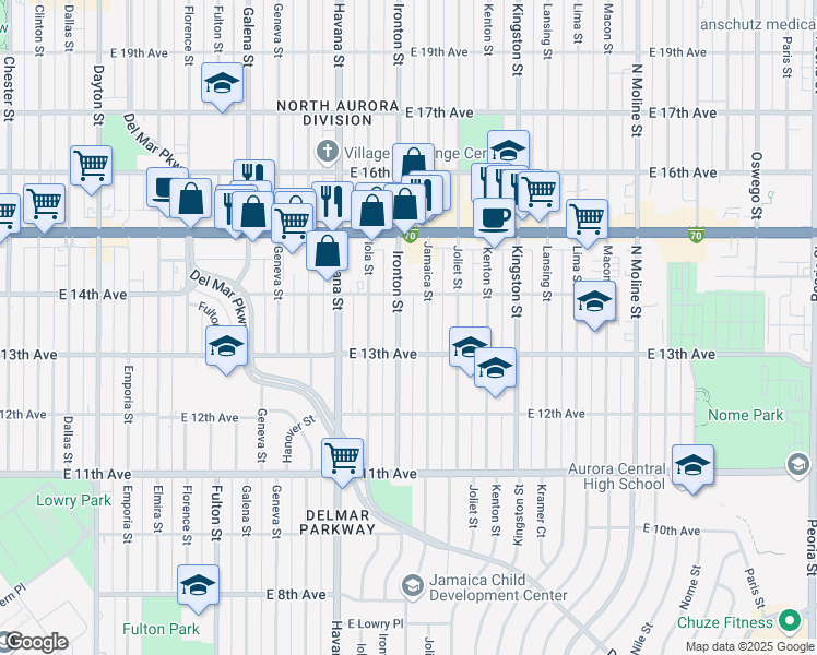 map of restaurants, bars, coffee shops, grocery stores, and more near 1388 Ironton Street in Aurora