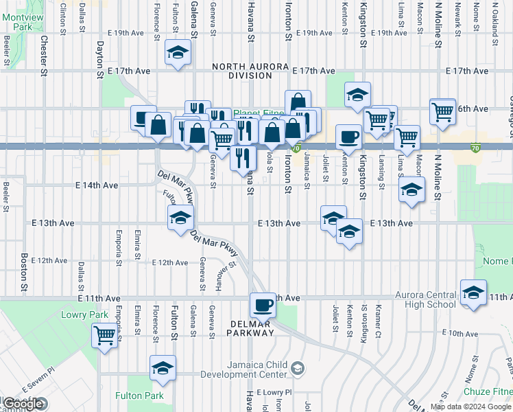 map of restaurants, bars, coffee shops, grocery stores, and more near 1381 Iola Street in Aurora