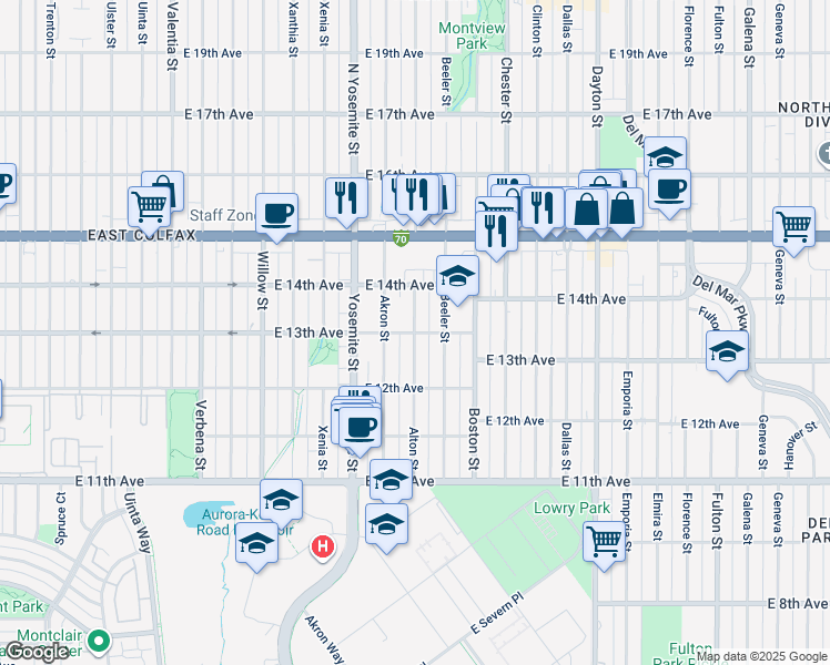 map of restaurants, bars, coffee shops, grocery stores, and more near 1365 Alton Street in Aurora
