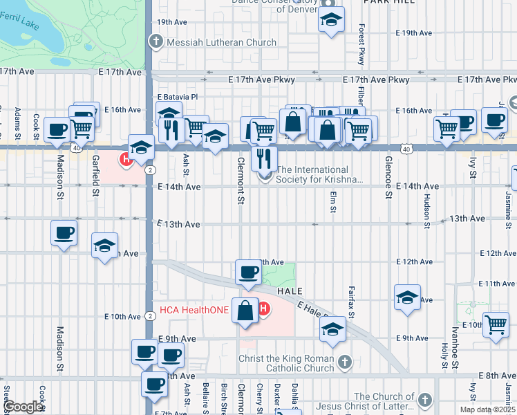 map of restaurants, bars, coffee shops, grocery stores, and more near 1385 Cherry Street in Denver