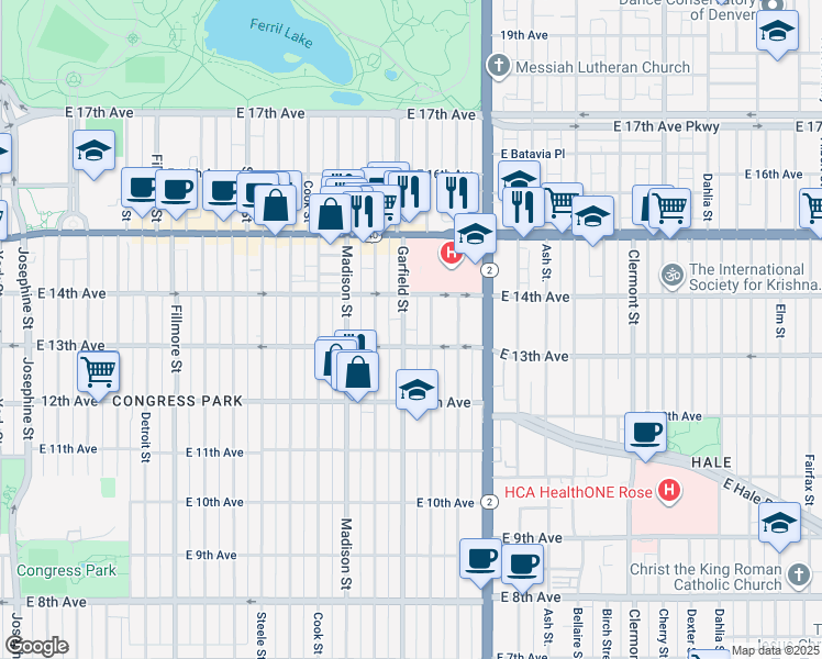 map of restaurants, bars, coffee shops, grocery stores, and more near 1373 Jackson Street in Denver