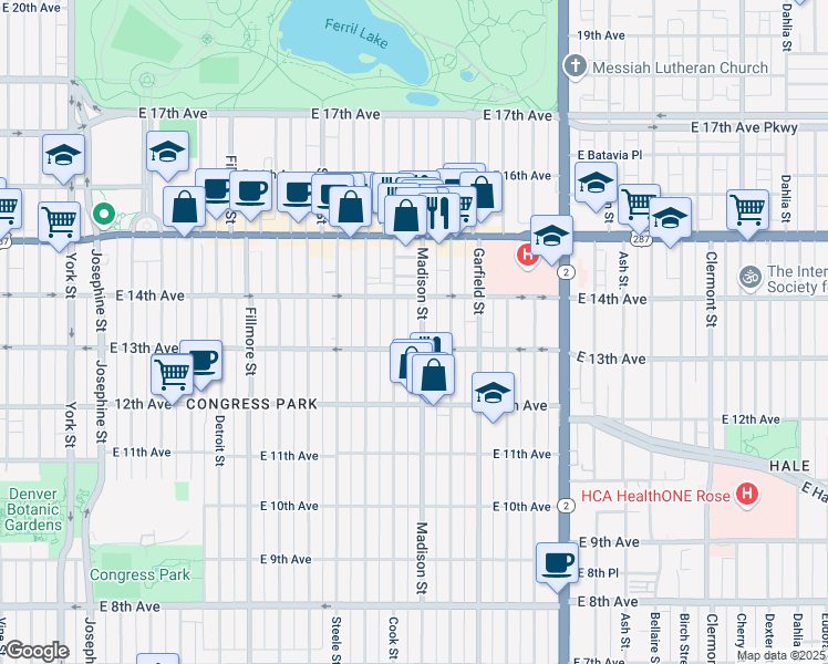 map of restaurants, bars, coffee shops, grocery stores, and more near 1364 Madison Street in Denver