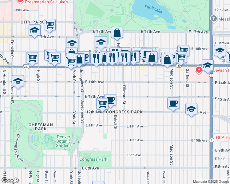 map of restaurants, bars, coffee shops, grocery stores, and more near 1380 Detroit Street in Denver