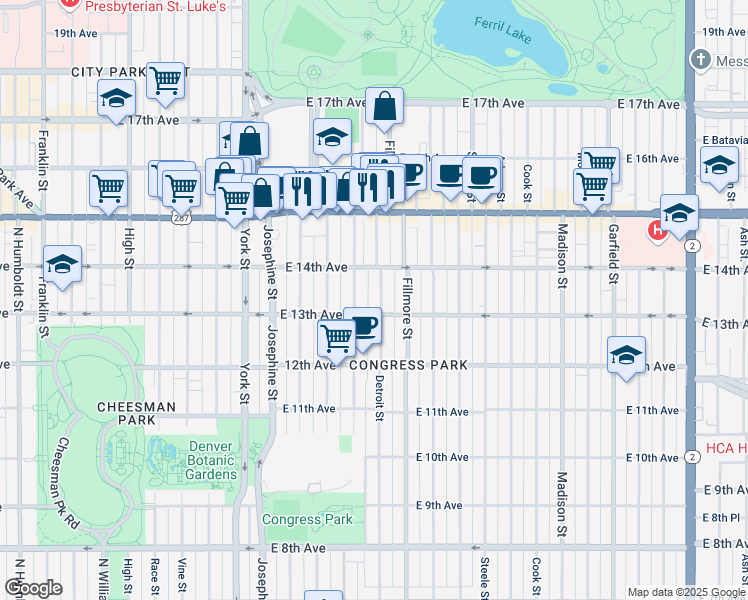 map of restaurants, bars, coffee shops, grocery stores, and more near 1362 Clayton Street in Denver