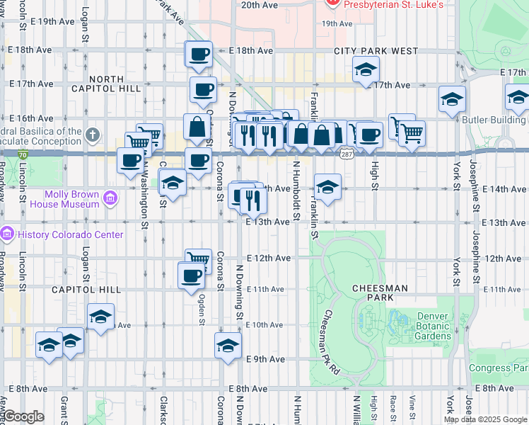 map of restaurants, bars, coffee shops, grocery stores, and more near 1362 North Marion Street in Denver