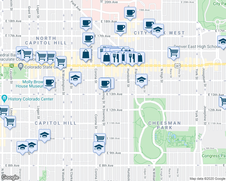 map of restaurants, bars, coffee shops, grocery stores, and more near 1362 North Marion Street in Denver