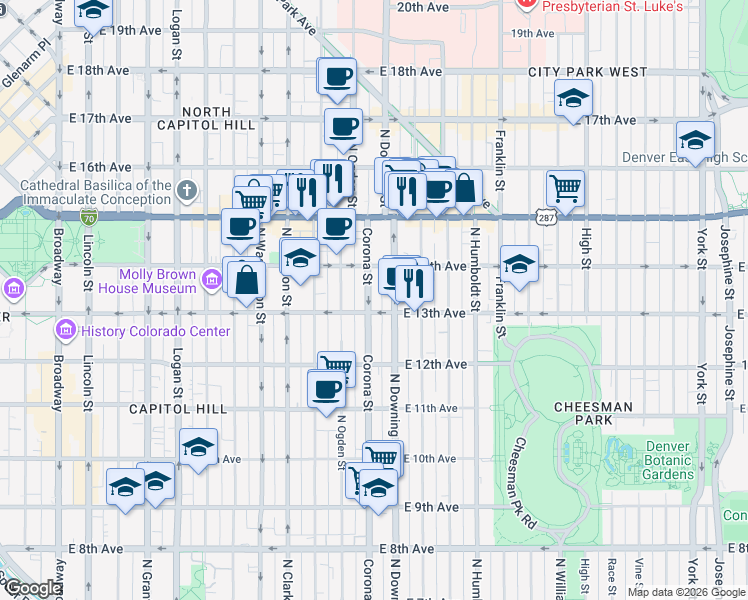 map of restaurants, bars, coffee shops, grocery stores, and more near 1365 Corona Street in Denver