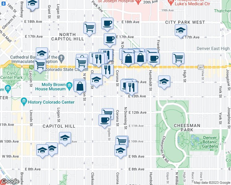 map of restaurants, bars, coffee shops, grocery stores, and more near 1365 Corona Street in Denver