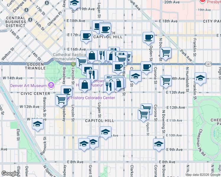 map of restaurants, bars, coffee shops, grocery stores, and more near in Denver