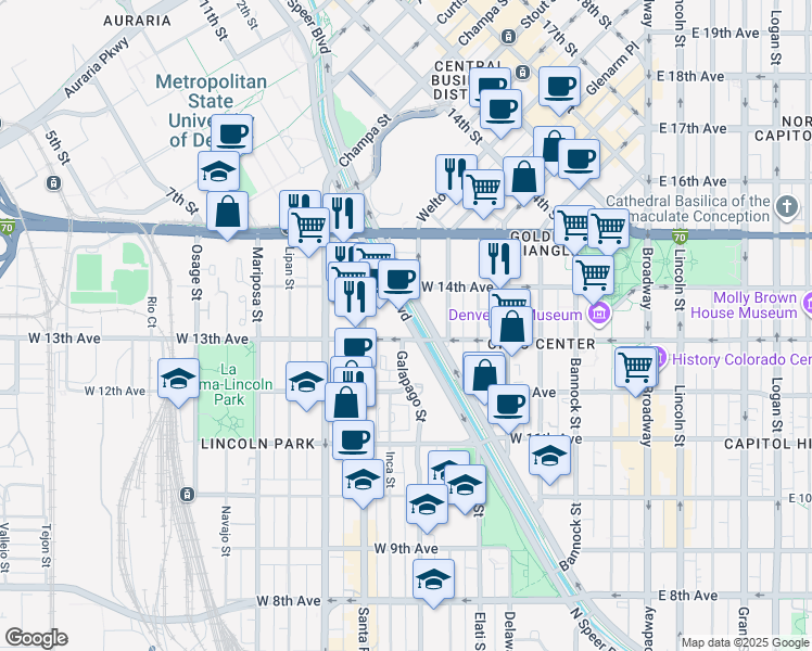 map of restaurants, bars, coffee shops, grocery stores, and more near 1350 Speer Boulevard in Denver
