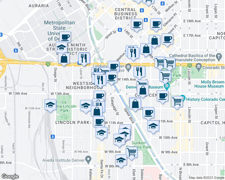 map of restaurants, bars, coffee shops, grocery stores, and more near 1350 Speer Boulevard in Denver