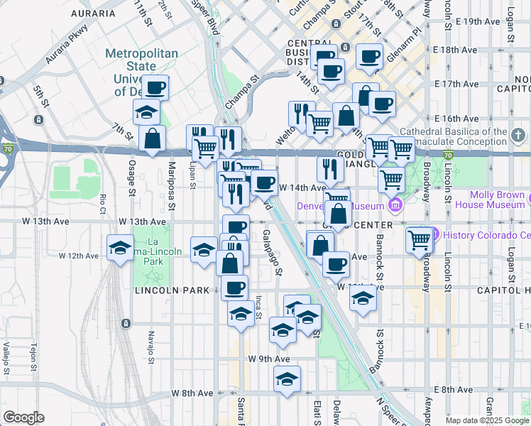 map of restaurants, bars, coffee shops, grocery stores, and more near 1350 Speer Boulevard in Denver