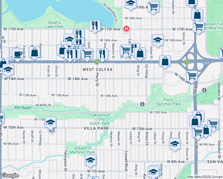 map of restaurants, bars, coffee shops, grocery stores, and more near 1377 Newton Street in Denver
