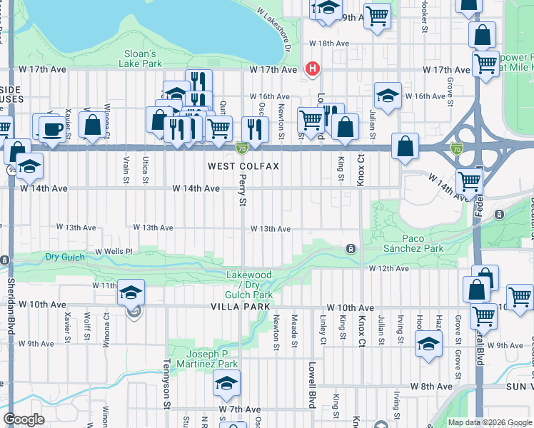 map of restaurants, bars, coffee shops, grocery stores, and more near 1377 Newton Street in Denver