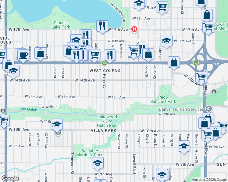 map of restaurants, bars, coffee shops, grocery stores, and more near 1377 Newton Street in Denver