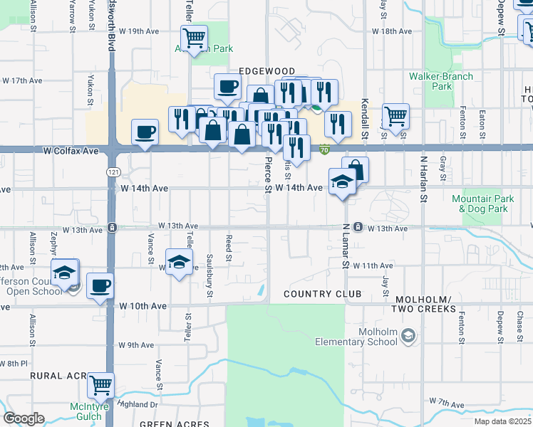 map of restaurants, bars, coffee shops, grocery stores, and more near in Lakewood