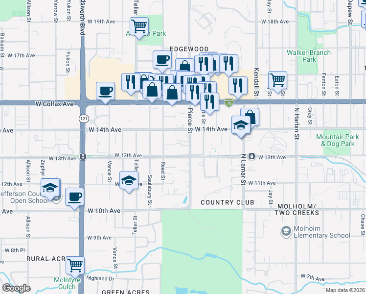 map of restaurants, bars, coffee shops, grocery stores, and more near in Lakewood