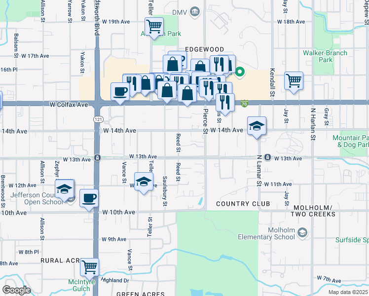 map of restaurants, bars, coffee shops, grocery stores, and more near 6900 West 14th Avenue in Lakewood