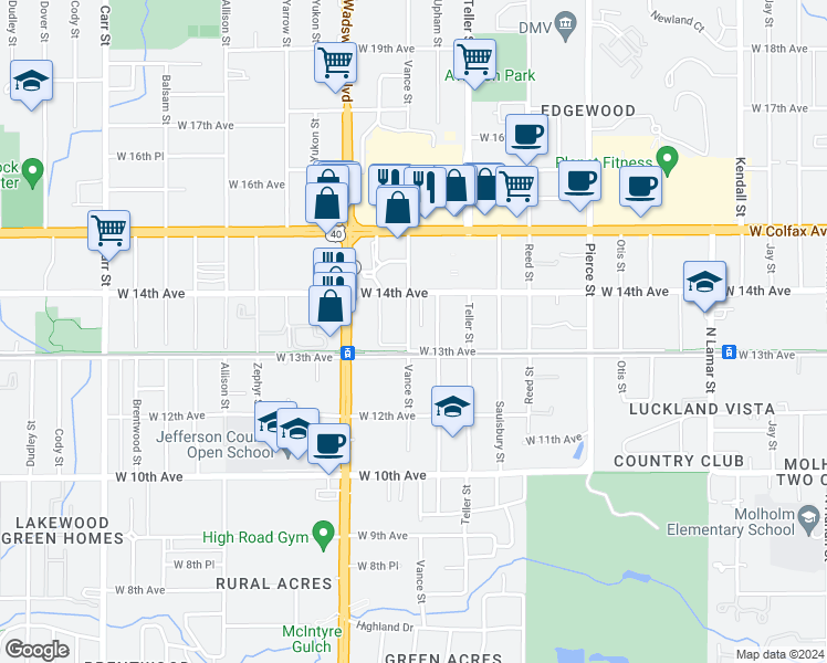 map of restaurants, bars, coffee shops, grocery stores, and more near 7302 West 14th Avenue in Lakewood