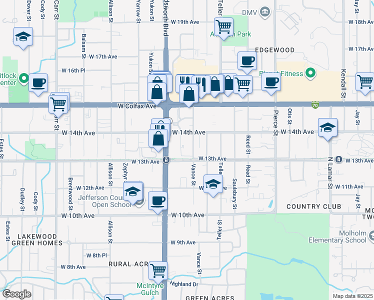 map of restaurants, bars, coffee shops, grocery stores, and more near 7302 West 14th Avenue in Lakewood