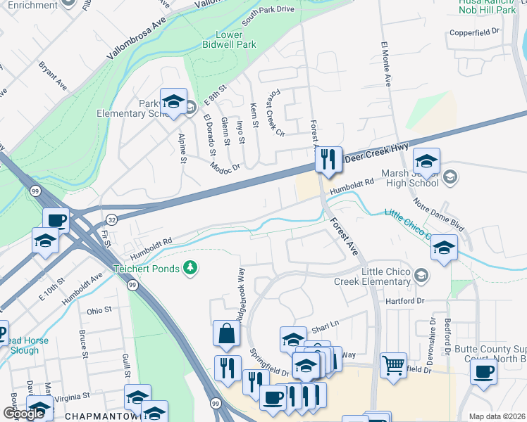 map of restaurants, bars, coffee shops, grocery stores, and more near 1940 Humboldt Road in Chico