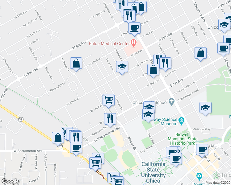 map of restaurants, bars, coffee shops, grocery stores, and more near 1261A Citrus Avenue in Chico