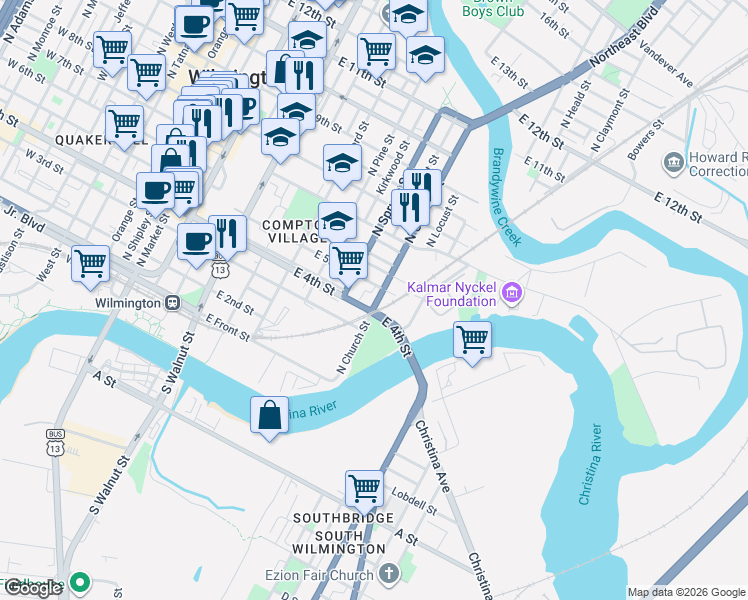 map of restaurants, bars, coffee shops, grocery stores, and more near 704 East 5th Street in Wilmington