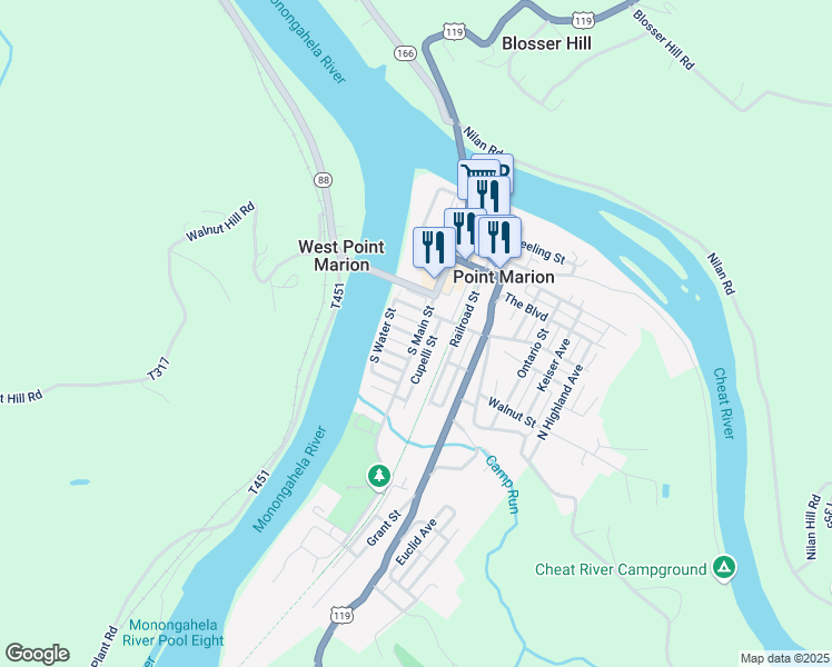 map of restaurants, bars, coffee shops, grocery stores, and more near 26 Broadway St in Point Marion