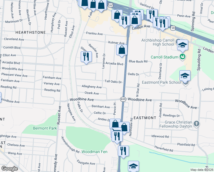 map of restaurants, bars, coffee shops, grocery stores, and more near 1490 Laramie Drive in Kettering