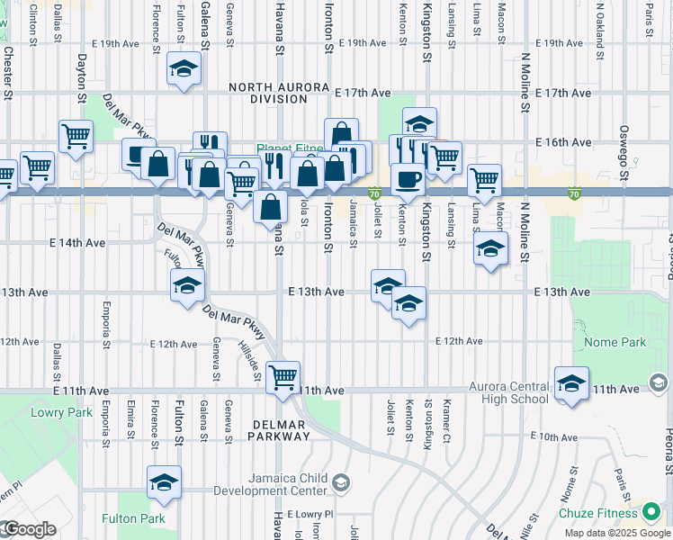 map of restaurants, bars, coffee shops, grocery stores, and more near 1350 Ironton Street in Aurora