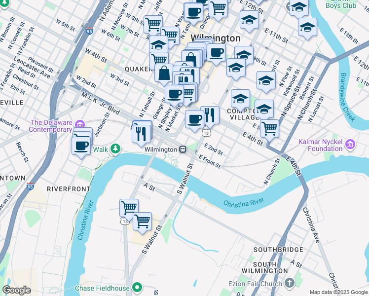 map of restaurants, bars, coffee shops, grocery stores, and more near 205 East Front Street in Wilmington
