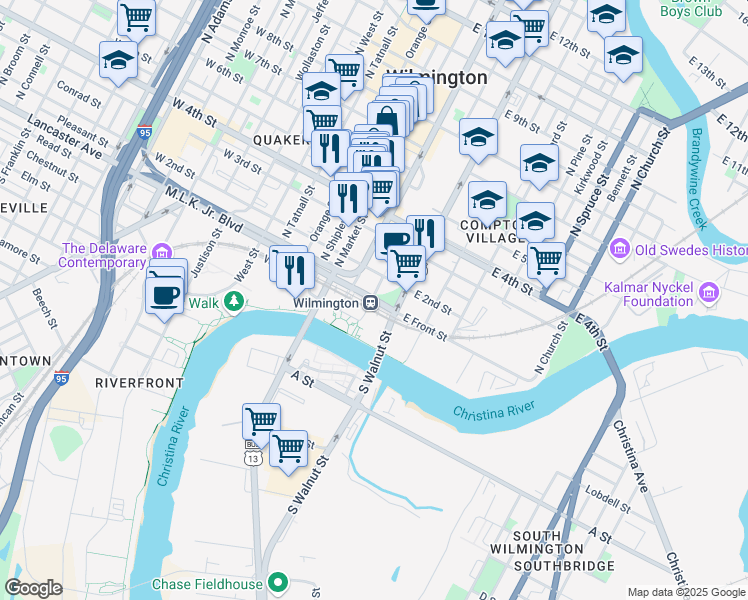 map of restaurants, bars, coffee shops, grocery stores, and more near 205 East Front Street in Wilmington