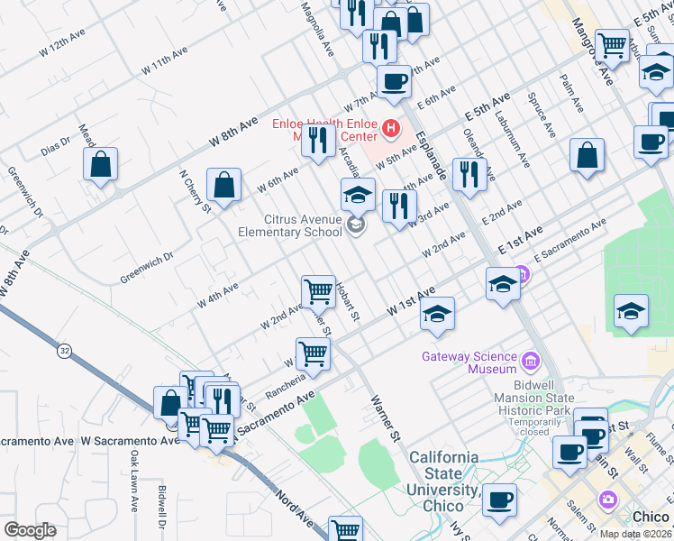 map of restaurants, bars, coffee shops, grocery stores, and more near 1261A Citrus Avenue in Chico