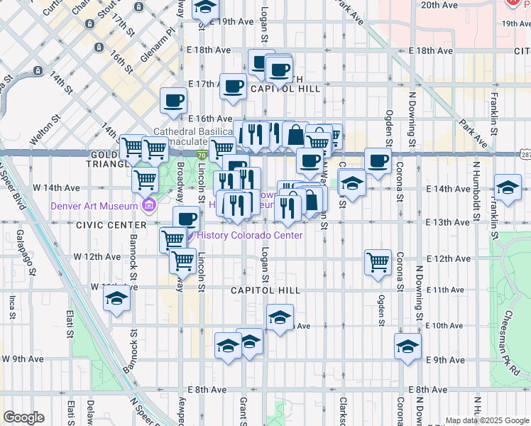 map of restaurants, bars, coffee shops, grocery stores, and more near 1326 Logan Street in Denver