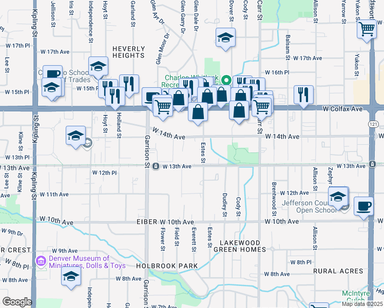 map of restaurants, bars, coffee shops, grocery stores, and more near 1315 Estes Street in Lakewood