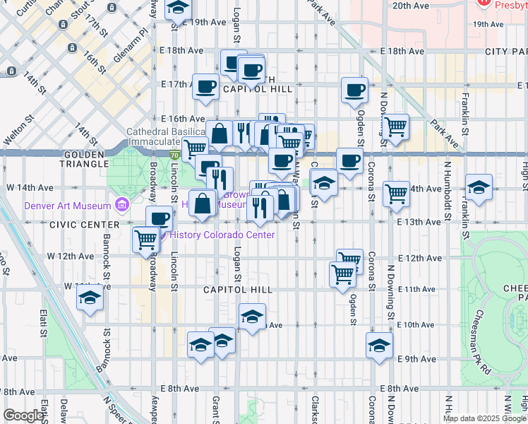 map of restaurants, bars, coffee shops, grocery stores, and more near 522 East 14th Avenue in Denver