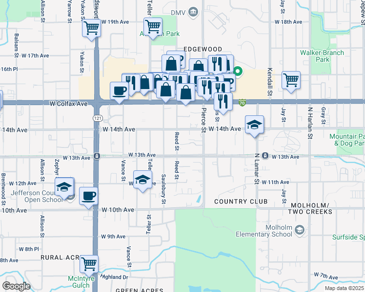 map of restaurants, bars, coffee shops, grocery stores, and more near 6900 West 14th Avenue in Lakewood