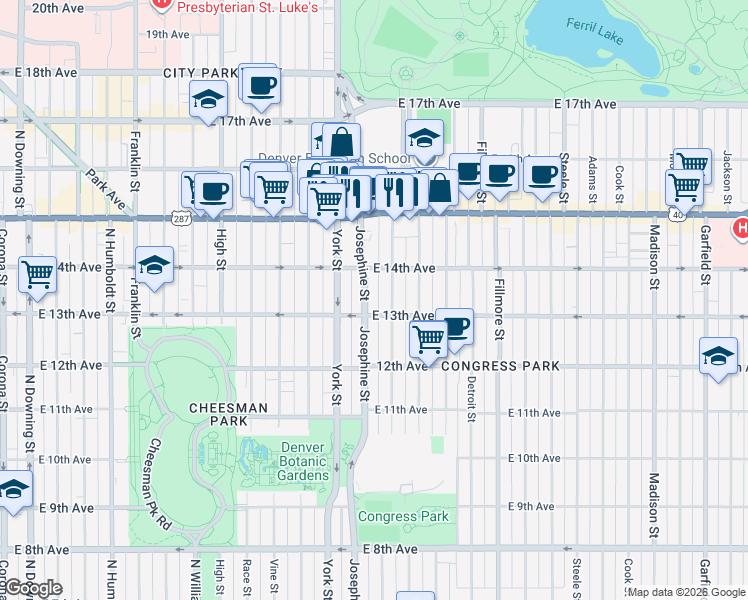 map of restaurants, bars, coffee shops, grocery stores, and more near 1330 Josephine Street in Denver