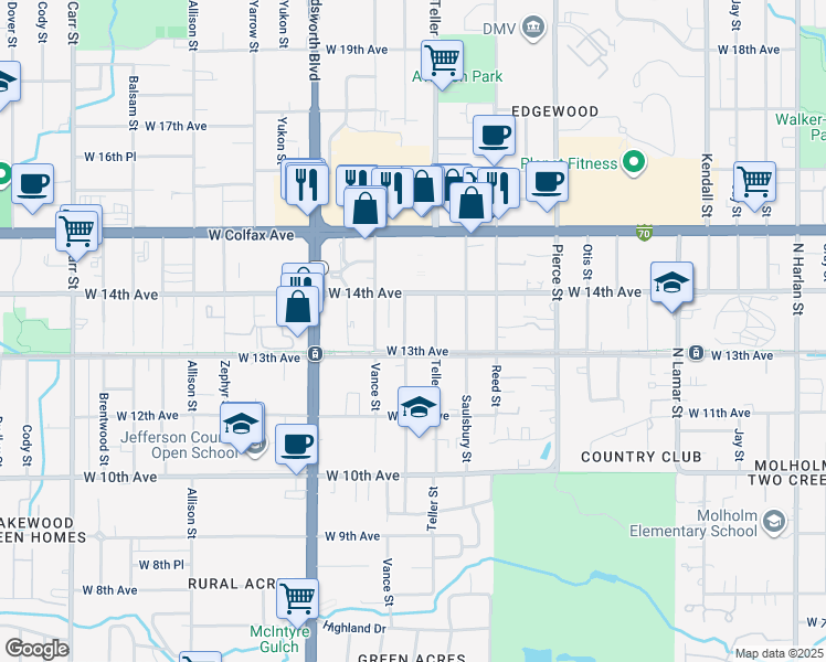 map of restaurants, bars, coffee shops, grocery stores, and more near 1383 Upham Street in Lakewood