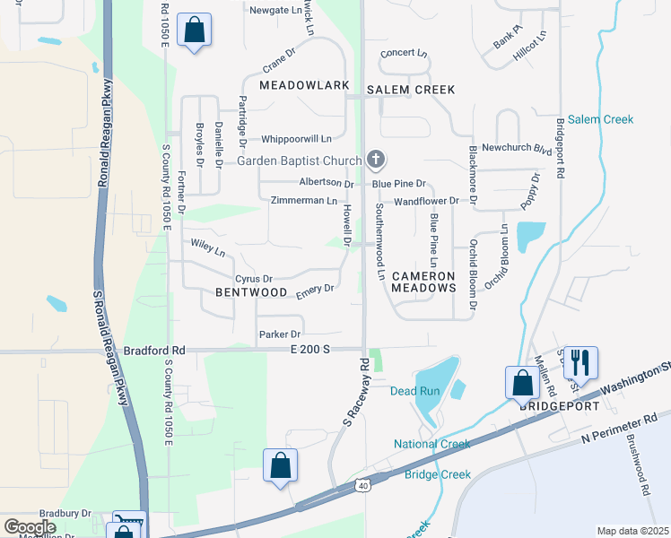 map of restaurants, bars, coffee shops, grocery stores, and more near Cyrus Drive in Indianapolis